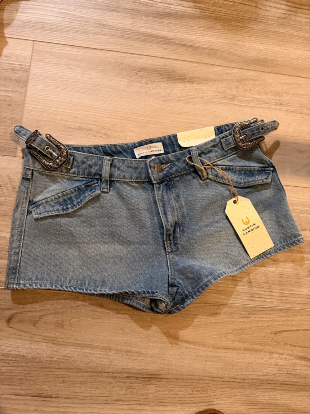 Austin Landing Light Blue Denim Jean Shorts with Western Belt Detail